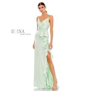 NWT Mac Duggal Pistachio Green Ruffle Satin Trumpet Gown Dress sz 0 Party Glams